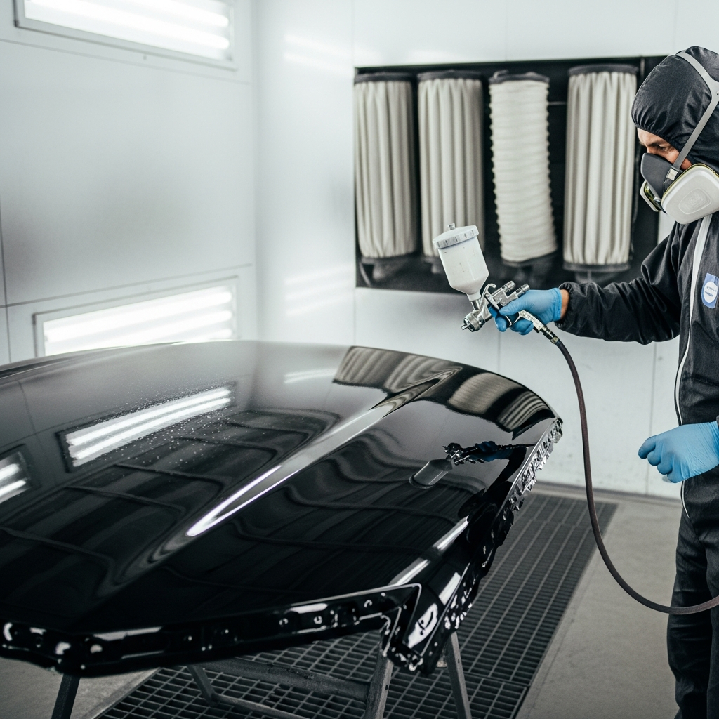 AI_IMAGE: A technician in a paint booth applying a glossy clearcoat to a freshly basecoated car hood with an HVLP spray gun, the clearcoat catching overhead light creating a brilliant wet-look sheen, clean booth environment with exhaust filters visible | photorealistic | square