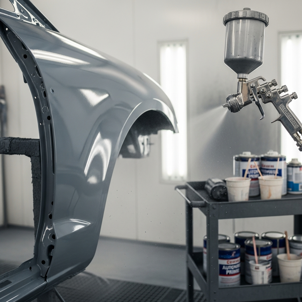 AI_IMAGE: A spray gun applying gray primer surfacer to a bare metal car fender in a body shop, visible wet primer coat with smooth finish, primer cans and mixing cups on a work cart nearby, bright industrial lighting | photorealistic | square