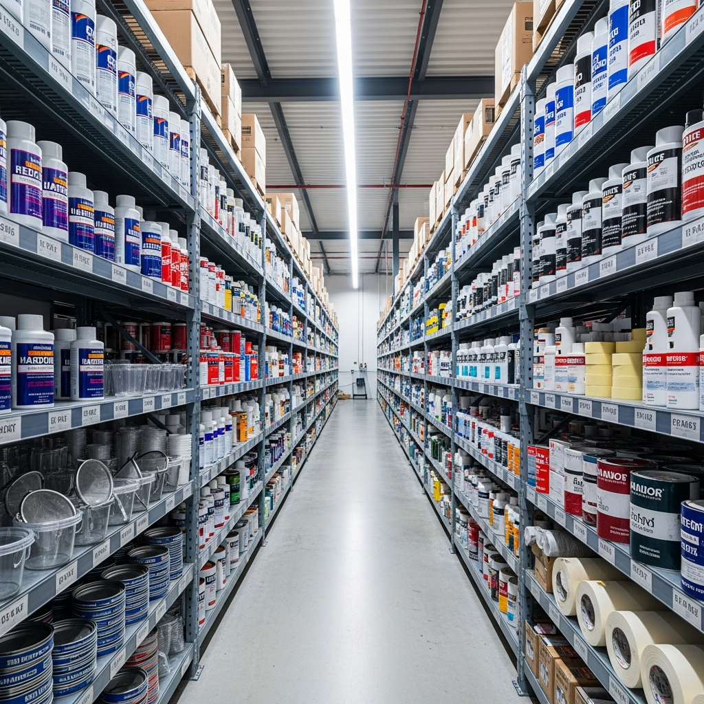 AI_IMAGE: Organized shelves in an auto body supply warehouse stocked with reducers, hardeners, thinners, mixing cups, paint strainers, masking tape, and sandpaper in neatly labeled rows, clean industrial lighting with a wide-angle perspective | photorealistic | square